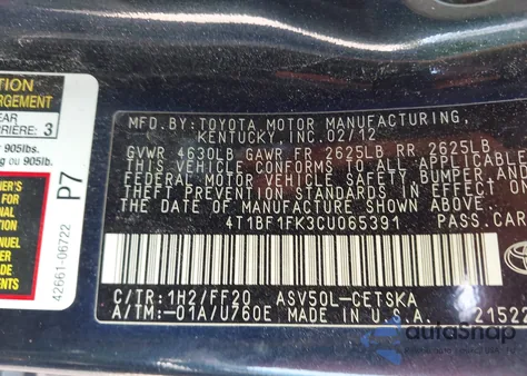 2012 Toyota Camry Se z USA, uszkodzony, nr VIN 4T1BF1FK3CU065391